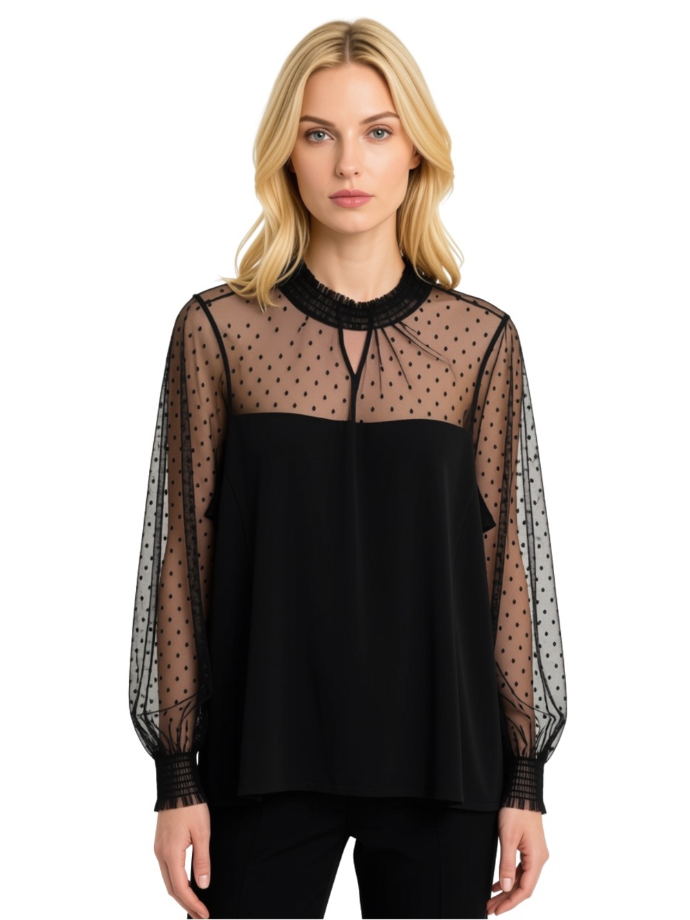 Black Sheer Polka Dot Yoke Blouse with Smocked Neck